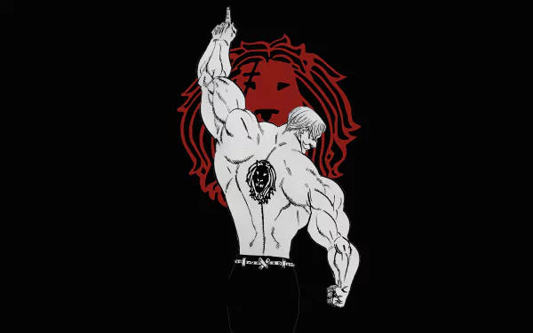 HD desktop wallpaper depicting Escanor from The Seven Deadly Sins anime, featuring a muscular silhouette against a black background with a red lion emblem.