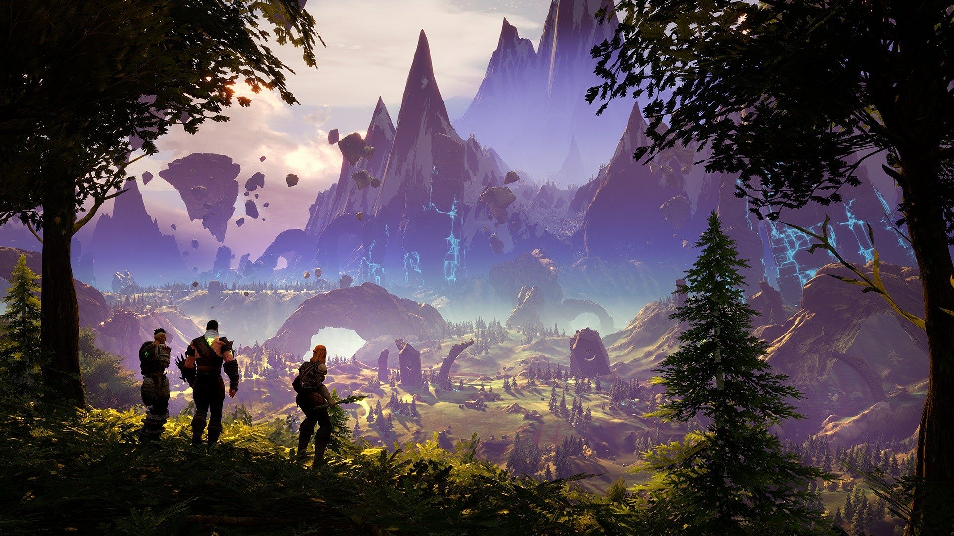 HD desktop wallpaper showing an illustrated fantasy landscape with floating islands, adventurers, and vibrant nature from the game Rend.