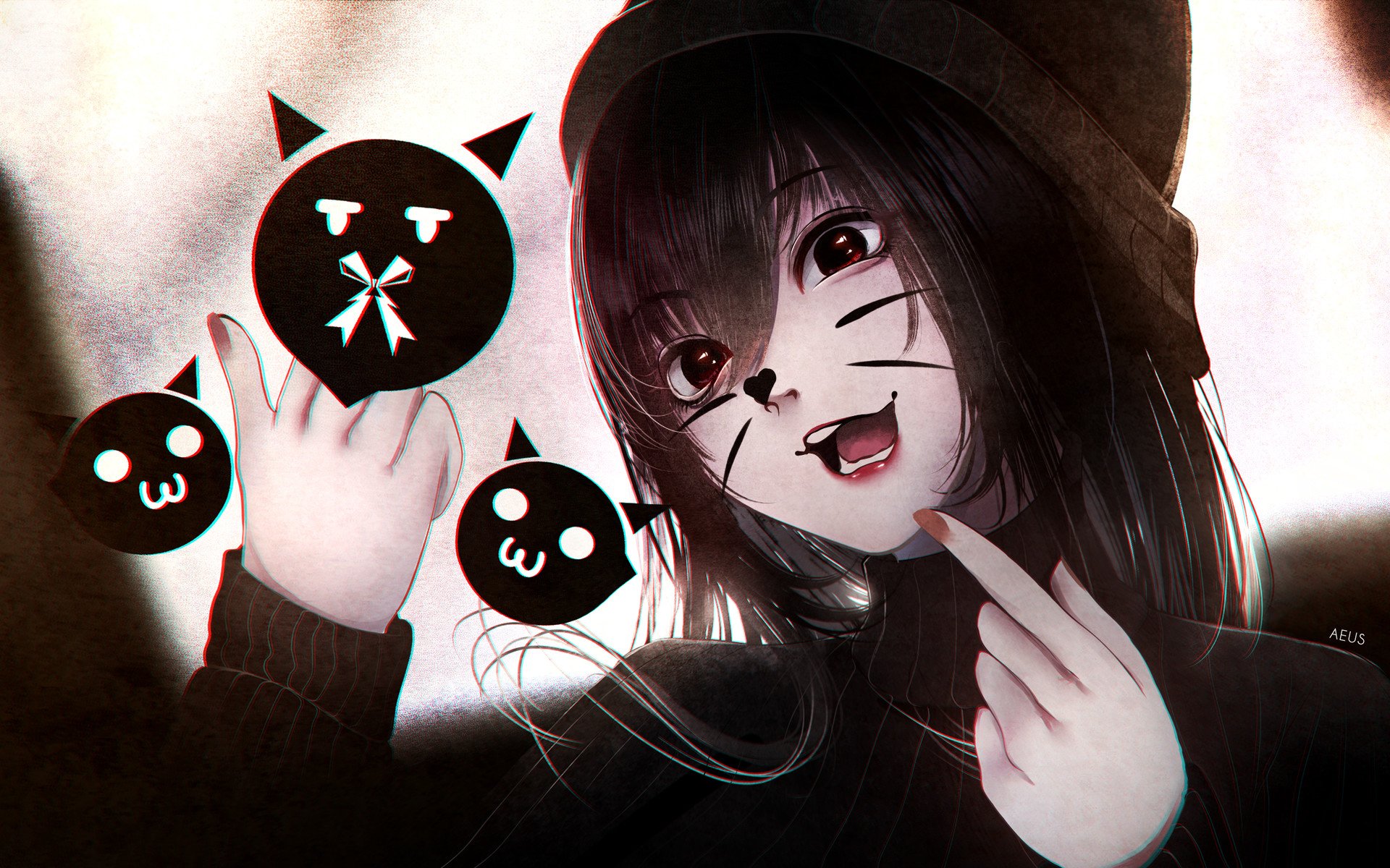 HD anime-style original desktop wallpaper featuring a girl with cat ears and whiskers, surrounded by playful black cat faces on a monochrome background.