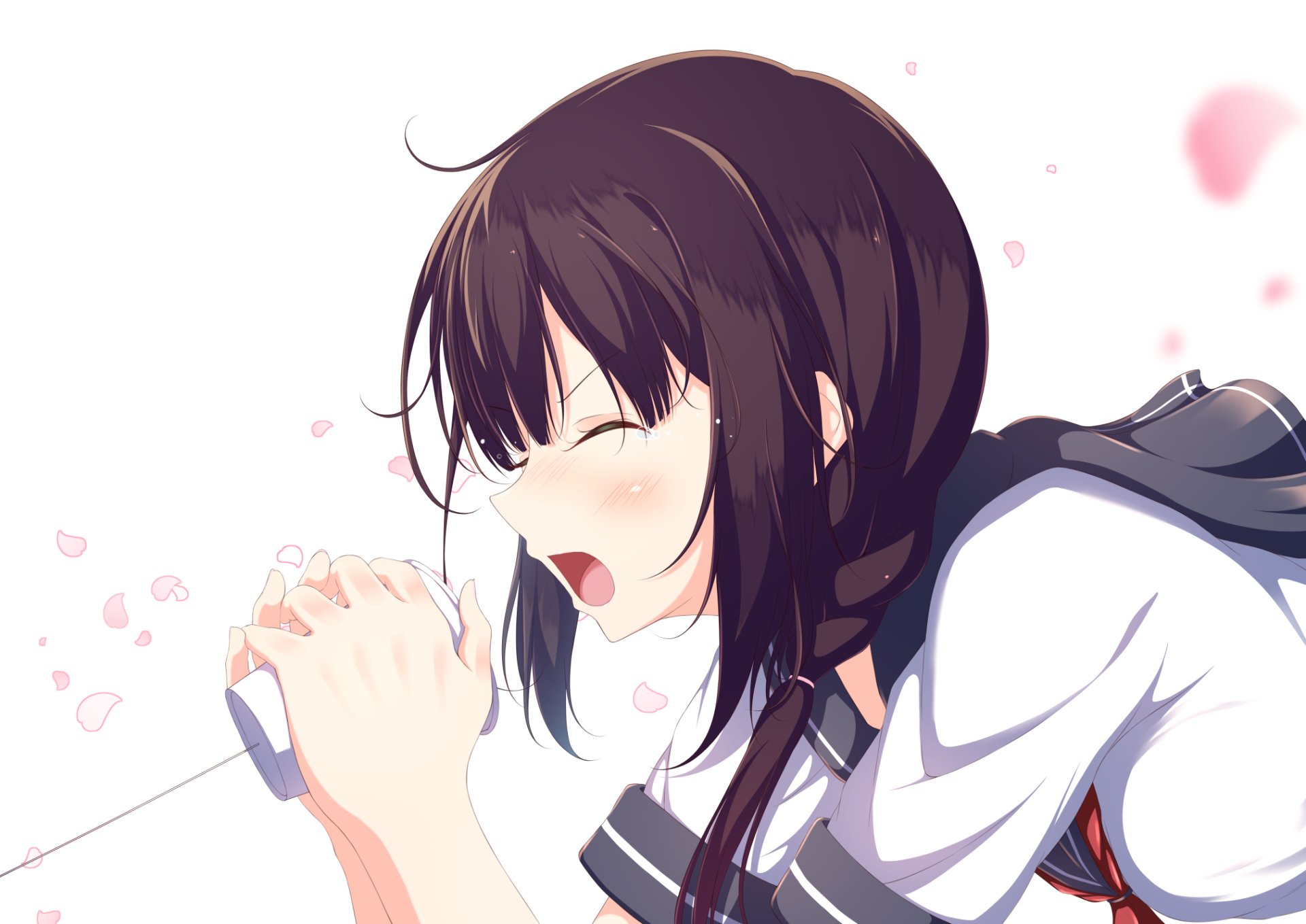 Anime original HD PC desktop wallpaper: blushing schoolgirl in a sailor uniform speaking into a white cup-shaped mic as cherry blossom petals drift around her.
