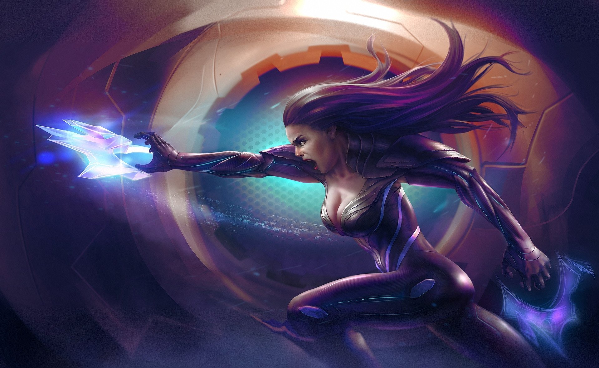 HD PC desktop wallpaper of a sci-fi woman with long flowing hair in a sleek suit, lunging through a glowing portal and firing crystalline blue energy from her gauntlet.