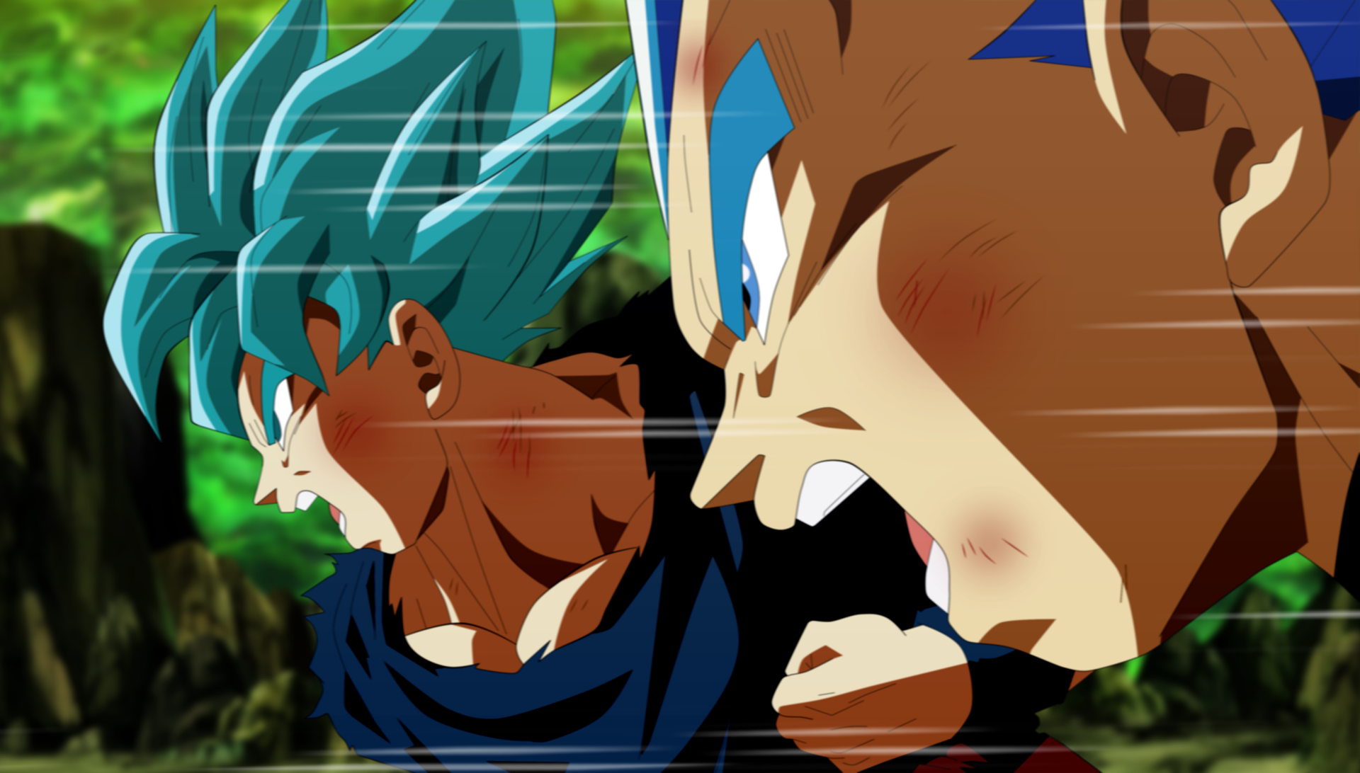 HD PC desktop wallpaper featuring Goku and Vegeta from Dragon Ball Super in an intense anime battle scene.