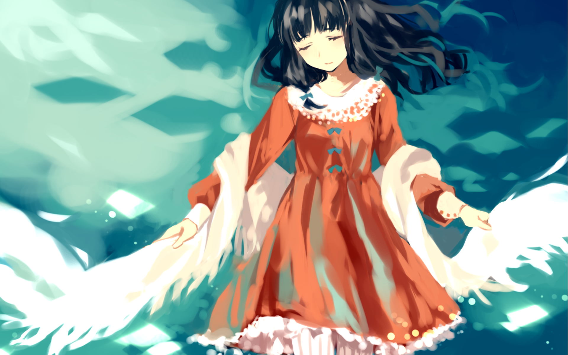 Anime original HD PC desktop wallpaper: a serene dark-haired girl in a red dress, eyes closed, arms out as white, wing-like light flows around her against a teal, water-like background.