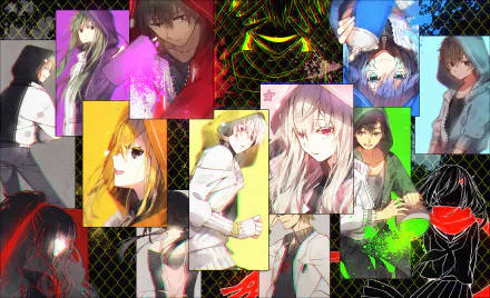 Anime-style HD PC desktop wallpaper featuring multiple colorful characters from the Kagerou Project arranged in a dynamic, collage-like design with vibrant backgrounds.