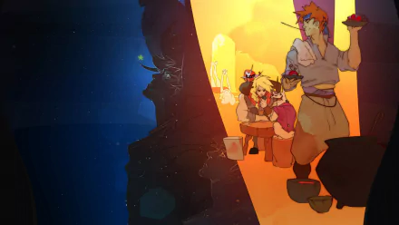 HD wallpaper of Pyre game featuring characters around a mystical bonfire, blending dark silhouettes with warm, inviting light.