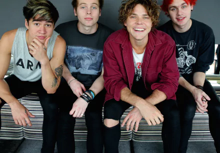 HD desktop wallpaper featuring the band 5 Seconds Of Summer, posing together with smiles.