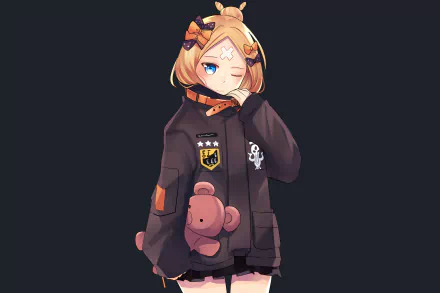 4K Ultra HD anime-style wallpaper of Abigail Williams from Fate/Grand Order, featuring her in a dark hoodie holding a teddy bear against a plain background.
