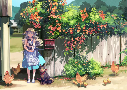 HD anime original artwork of a girl with a hat and apron standing by a garden fence, surrounded by chickens and a dog, bright flowers cascading over the fence, PC desktop wallpaper.