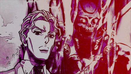 HD PC desktop wallpaper and background of Yoshikage Kira with his Stand Killer Queen from JoJo's Bizarre Adventure — anime-style portrait in moody pink and purple tones.