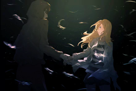 HD anime desktop wallpaper featuring Zack and Rachel Gardner from Angels of Death, shown reaching out to each other amid a dark, feather-filled background.