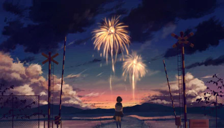 Anime wallpaper featuring a character with short brown hair watching fireworks at sunset, amid a serene, picturesque landscape.