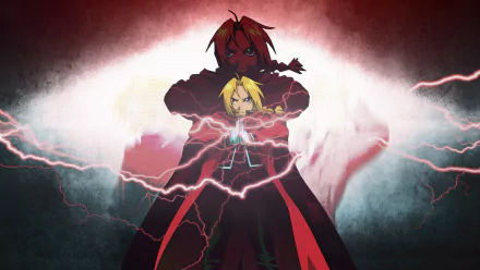 HD anime desktop wallpaper of Edward Elric (Fullmetal Alchemist) channeling red transmutation lightning, a dark silhouette looming behind amid dramatic red-and-white lighting.