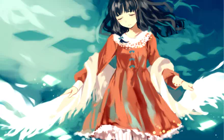 Anime original HD PC desktop wallpaper: a serene dark-haired girl in a red dress, eyes closed, arms out as white, wing-like light flows around her against a teal, water-like background.