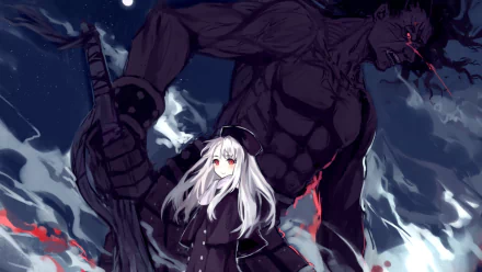 HD desktop wallpaper featuring Berserker and Illyasviel Von Einzbern from Fate/Stay Night: Unlimited Blade Works. The image depicts the characters against a dark, stormy night backdrop.
