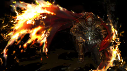 Ganon, the video game villain from The Legend of Zelda: Twilight Princess, kneels in dark armor with a flaming cape — HD PC desktop wallpaper/background.
