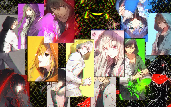 Anime-style HD PC desktop wallpaper featuring multiple colorful characters from the Kagerou Project arranged in a dynamic, collage-like design with vibrant backgrounds.