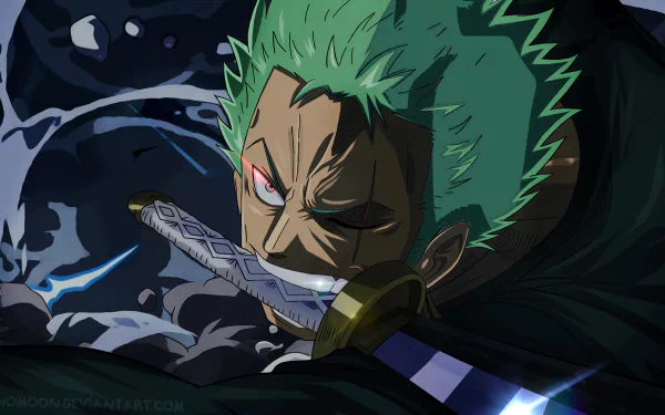 HD desktop wallpaper of Roronoa Zoro from One Piece, featuring his green hair, characteristic scar, and intense expression with a sword in his mouth. The dark and dramatic background enhances the artwork.