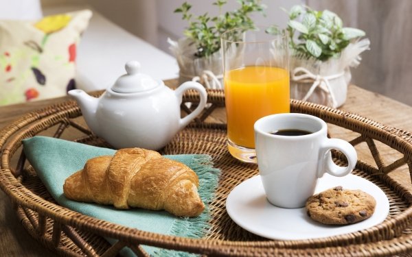 Food Breakfast Coffee Cup Juice Croissant Viennoiserie Still Life HD Wallpaper | Background Image