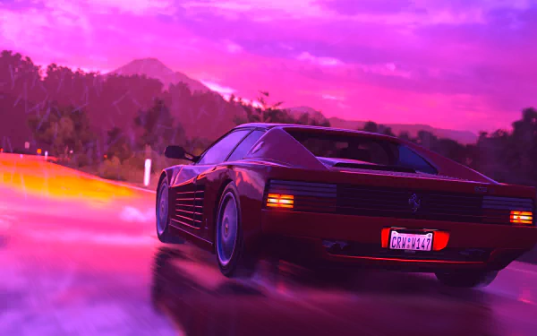 Retrowave 4K Ultra HD PC desktop background: red Ferrari Testarossa gliding on a neon-lit wet highway at dusk, purple-pink sky and glossy reflections.