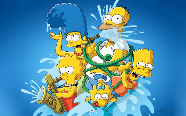 The Simpsons family—Homer, Marge, Bart, Lisa, and Maggie—are playfully splashing water in this vibrant 4K Ultra HD cartoon wallpaper from the TV show The Simpsons.