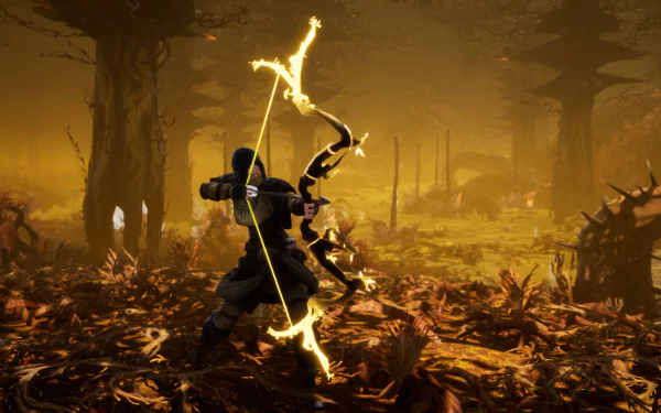 HD desktop wallpaper from the game Rend featuring an archer with a glowing bow ready to fire amidst a mystical, foggy forest battlefield.