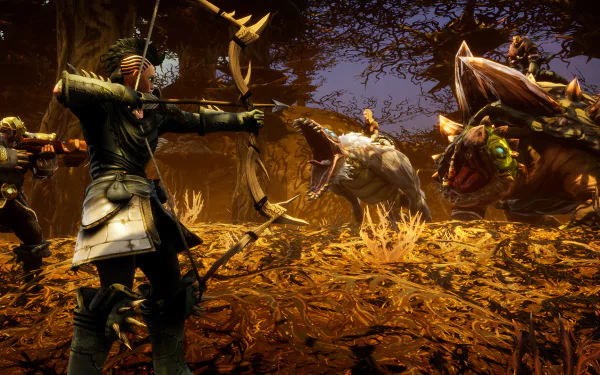 HD desktop wallpaper from Rend featuring a warrior with a bow ready to fight against monstrous creatures in a dark fantasy setting.