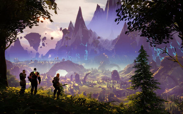 HD desktop wallpaper showing an illustrated fantasy landscape with floating islands, adventurers, and vibrant nature from the game Rend.