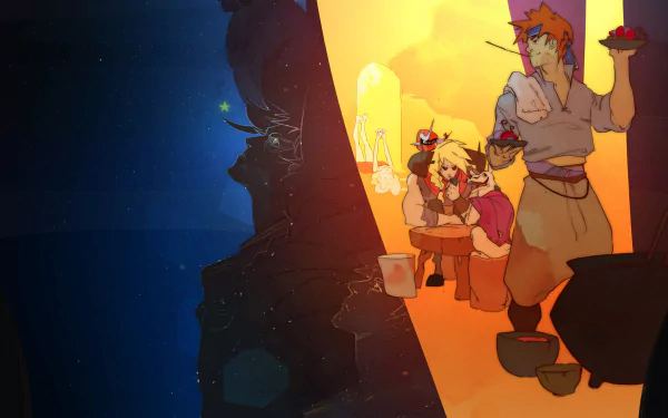 HD wallpaper of Pyre game featuring characters around a mystical bonfire, blending dark silhouettes with warm, inviting light.