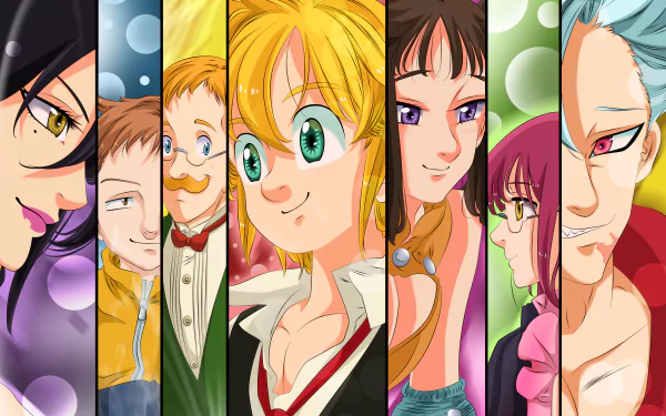 HD desktop wallpaper featuring characters from The Seven Deadly Sins anime: Ban, Gowther, Diane, Meliodas, Escanor, King, and Merlin, in a vibrant, segmented design.