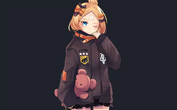 4K Ultra HD anime-style wallpaper of Abigail Williams from Fate/Grand Order, featuring her in a dark hoodie holding a teddy bear against a plain background.