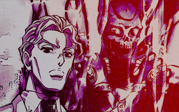 HD PC desktop wallpaper and background of Yoshikage Kira with his Stand Killer Queen from JoJo's Bizarre Adventure — anime-style portrait in moody pink and purple tones.