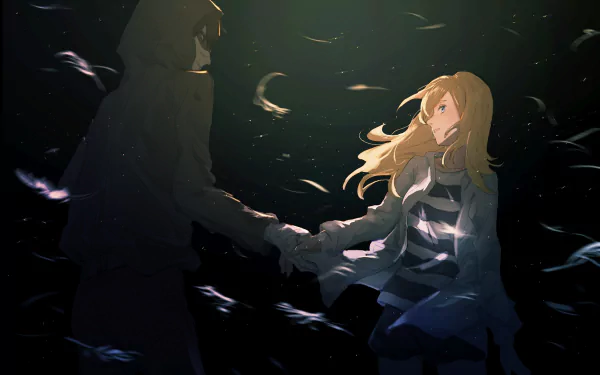 HD anime desktop wallpaper featuring Zack and Rachel Gardner from Angels of Death, shown reaching out to each other amid a dark, feather-filled background.