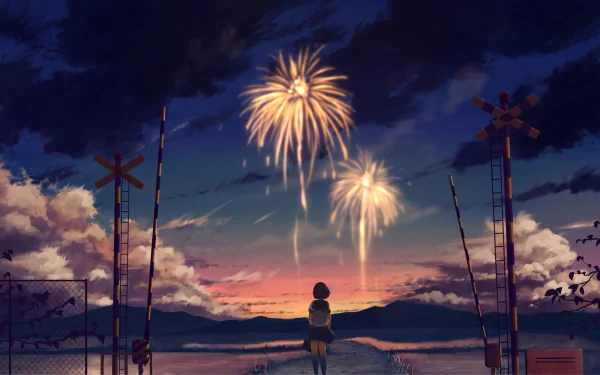 Anime wallpaper featuring a character with short brown hair watching fireworks at sunset, amid a serene, picturesque landscape.