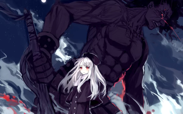 HD desktop wallpaper featuring Berserker and Illyasviel Von Einzbern from Fate/Stay Night: Unlimited Blade Works. The image depicts the characters against a dark, stormy night backdrop.
