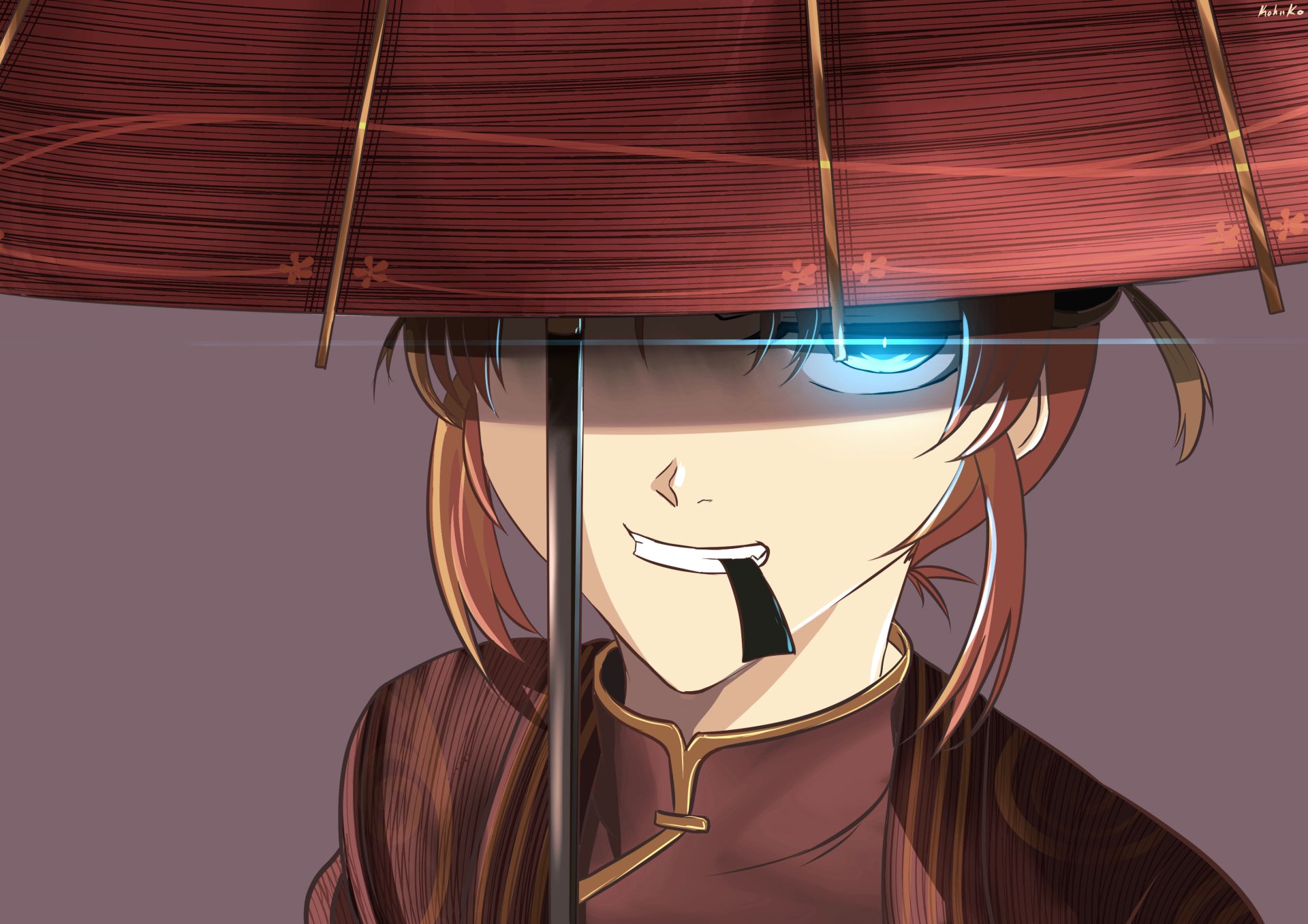 HD PC desktop wallpaper featuring Kagura from the anime Gintama, with a close-up of her face partially shaded by a traditional red umbrella.