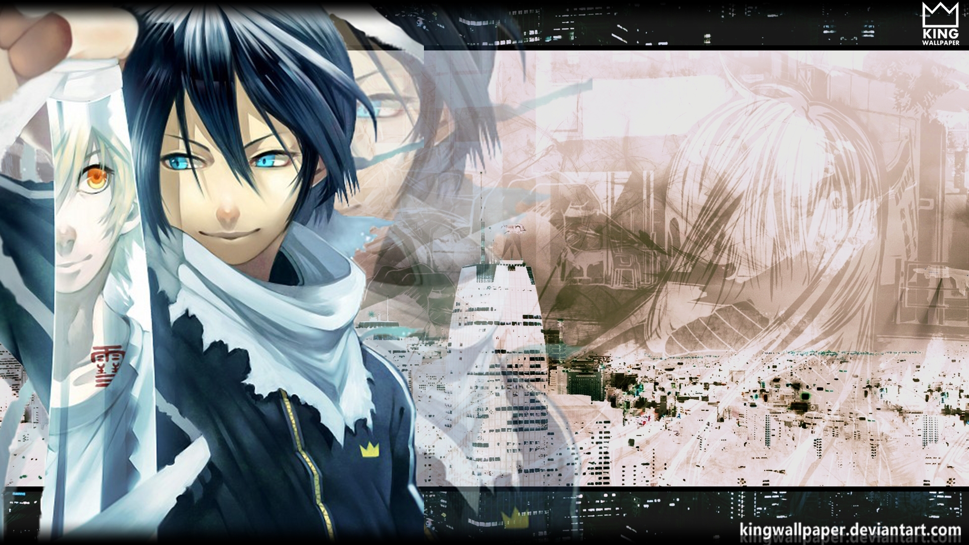HD PC desktop wallpaper featuring Yato from the anime Noragami, blending his detailed portrait with abstract cityscape elements in a dynamic Noragami-themed design.