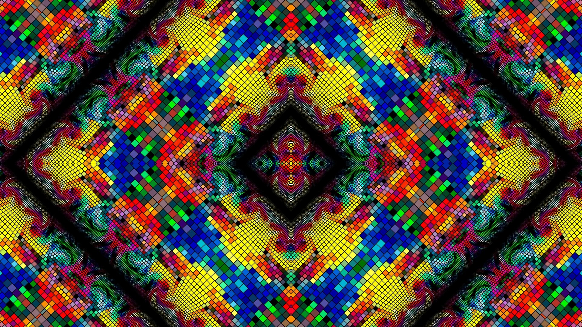 Vibrant psychedelic mosaic kaleidoscope — colorful abstract pattern in high-detail 5K Ultra HD PC desktop wallpaper, radiant symmetrical tiles forming a diamond-centered mandala.