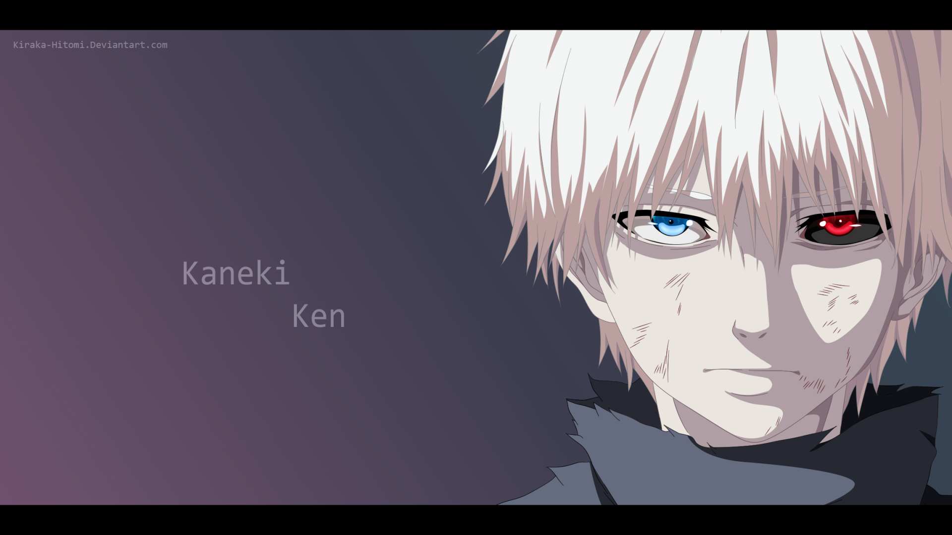 HD anime wallpaper featuring Ken Kaneki from Tokyo Ghoul, showcasing his white hair and distinct mismatched red and blue eyes against a dark background.