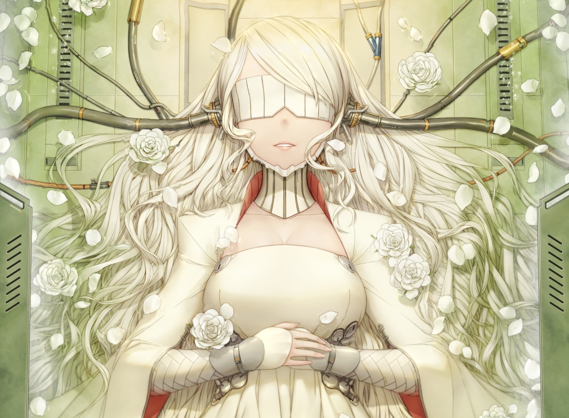 Anime-style HD desktop wallpaper featuring a blonde woman with long hair, blindfolded and connected to wires, surrounded by white flowers in a futuristic setting.