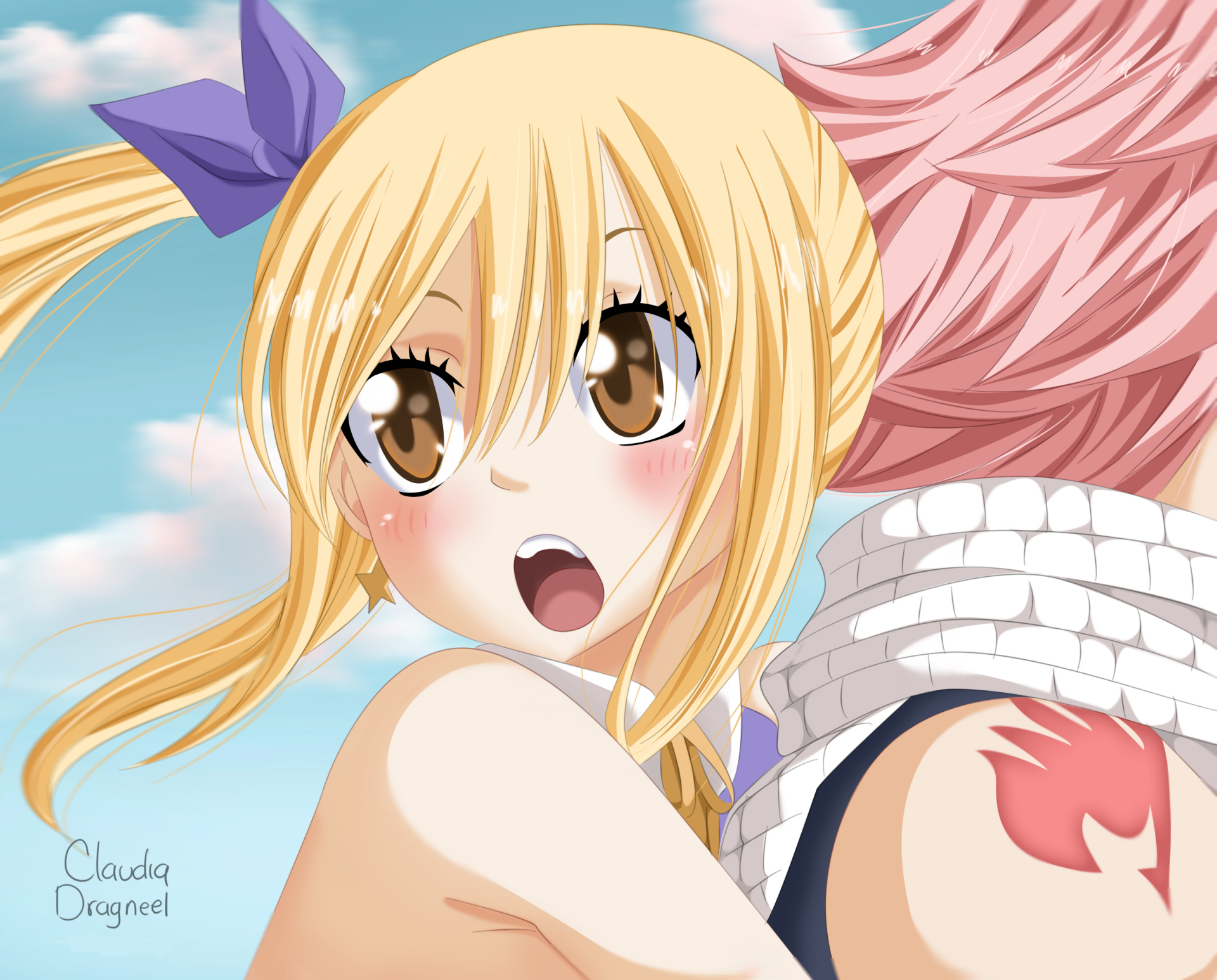HD PC desktop wallpaper featuring Lucy Heartfilia and Natsu Dragneel from the anime Fairy Tail, highlighting their iconic anime style and vibrant colors.
