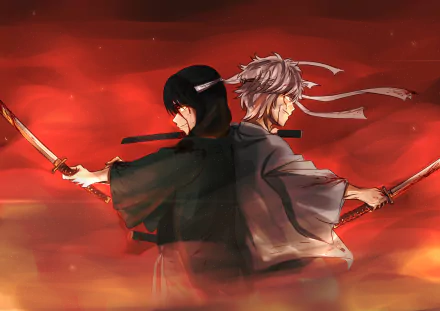 HD PC desktop wallpaper featuring Kotaro Katsura and Gintoki Sakata from the anime Gintama, both holding swords against a vivid red background.