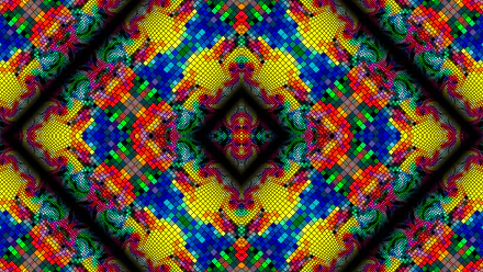 Vibrant psychedelic mosaic kaleidoscope — colorful abstract pattern in high-detail 5K Ultra HD PC desktop wallpaper, radiant symmetrical tiles forming a diamond-centered mandala.