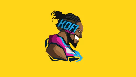 Stylized digital portrait of WWE superstar Kofi Kingston in vibrant colors, designed as an 8K Ultra HD PC desktop wallpaper and background.