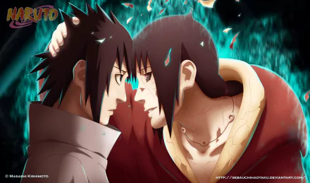 A high-definition desktop wallpaper featuring Itachi Uchiha and Sasuke Uchiha from the anime Naruto, depicting an intense moment between the two characters with a dramatic background.