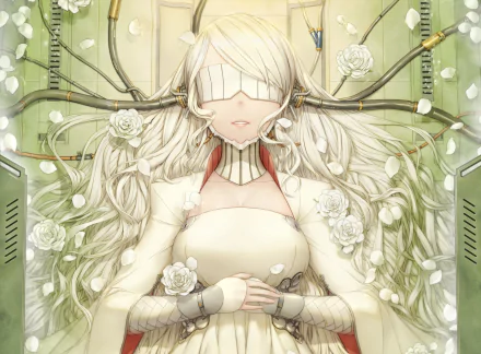 Anime-style HD desktop wallpaper featuring a blonde woman with long hair, blindfolded and connected to wires, surrounded by white flowers in a futuristic setting.