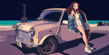 Anime-style 4K Ultra HD wallpaper featuring a brown-haired girl with blue eyes sitting on the hood of a classic car at night by the waterfront.