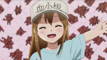 HD anime desktop wallpaper featuring Platelet from Cells at Work! smiling against a pink background patterned with small platelet illustrations.