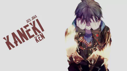 HD anime desktop wallpaper featuring Kaneki Ken from Tokyo Ghoul, depicted with his hands covering his face against a light background.