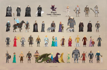 4K Ultra HD PC desktop wallpaper featuring pixel art characters from the TV show Game of Thrones arranged in rows on a neutral background.