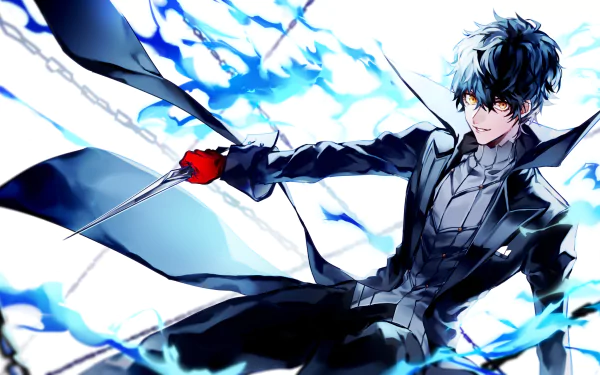 Joker from Persona 5, depicted in a dynamic pose with a knife, surrounded by vibrant blue flames, in a stunning 4K Ultra HD PC desktop wallpaper.